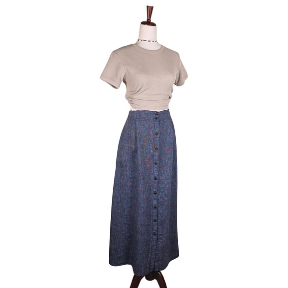 FLAX by Jeanne Engelhart Dresses & Skirts - Vintage FLAX by Jeanne Engelhart Maxi Skirt L Linen Blue Button Front Lagenlook